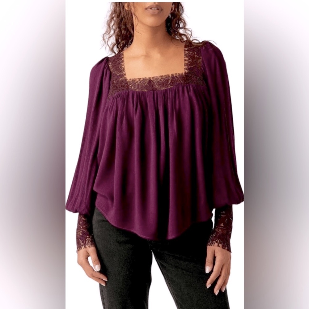 Free People Flutter By Lace Long Sleeve Lace Top In Potent Purple Size Small